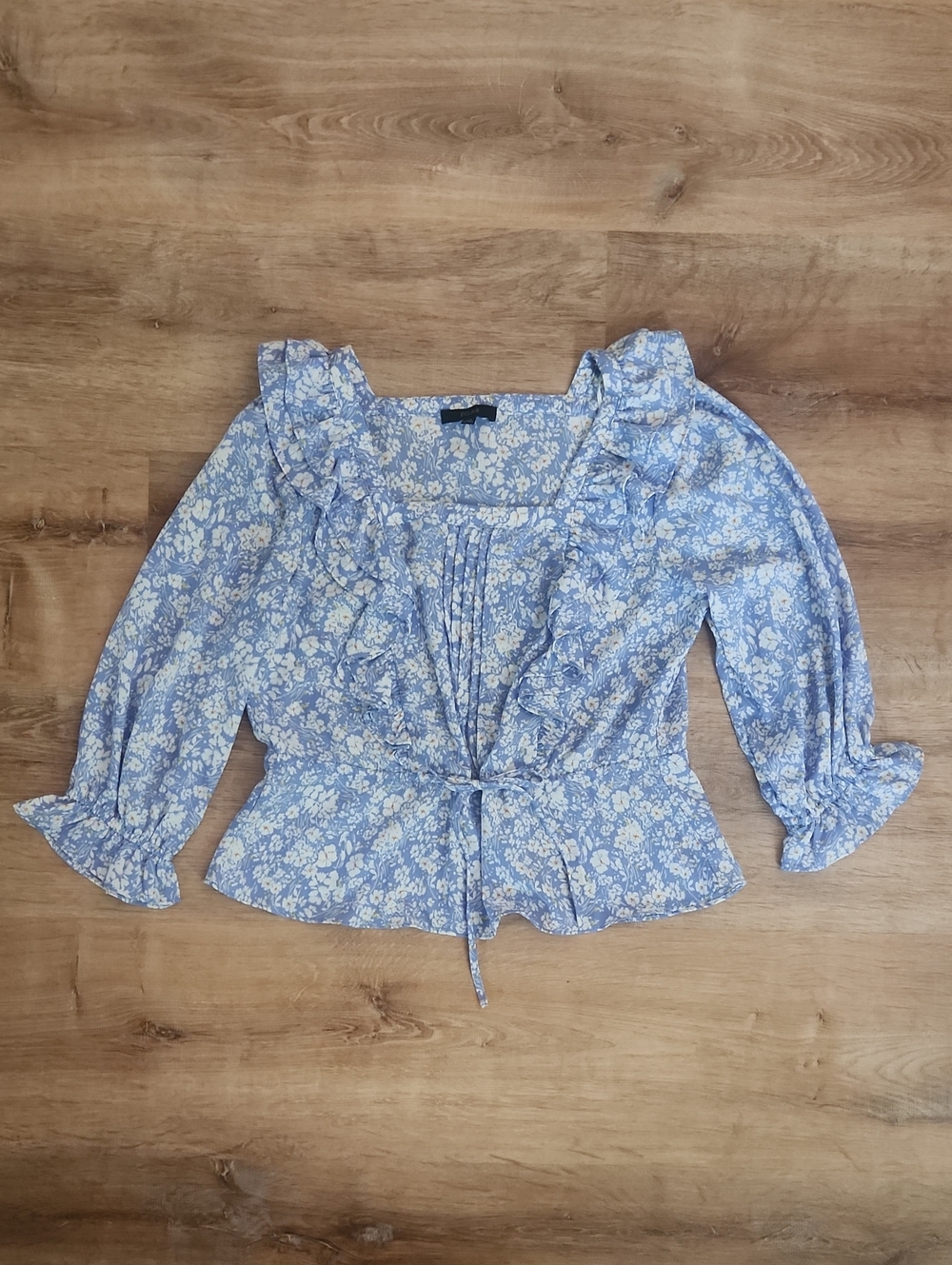Light Blue Floral Ruffle Tie-Front Blouse